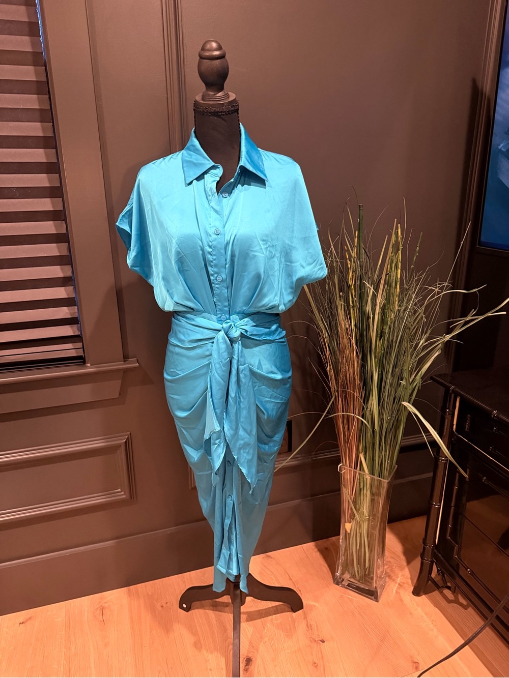DO+BE Turquoise Button-Front Midi Dress with Tie Waist